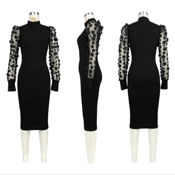 Almost Famous Women's Black Petal Mesh LongSleeve Midi Dress Sz Small - Picture 1 of 9